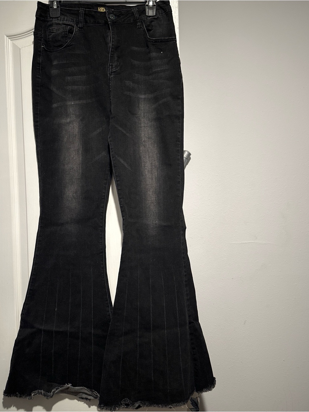 L&B Black Washed Flare Wide Leg Jeans with Raw Hem